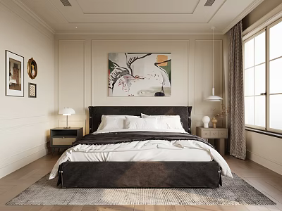 Elegant Modern Bedroom Interior With Large Bed Decorative Wall Art And Windows 3d model