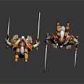 Fantasy Horned Creature Characters With White Long Hair Yellow Brown Outfits Holding Items