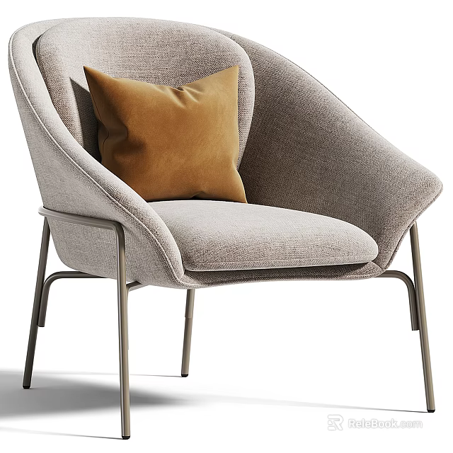 Modern Minimalist Light Gray Upholstered Armchair With Brown Pillow And Metal Legs 3d model 