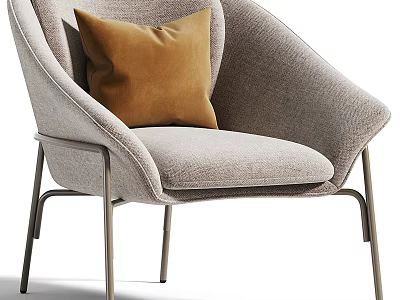 Modern Minimalist Light Gray Upholstered Armchair With Brown Pillow And Metal Legs 3d model