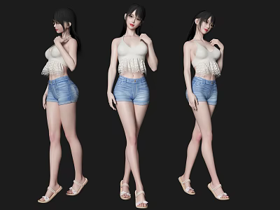 Women In White Top Blue Denim Shorts And Sandals On Black Background 3d model