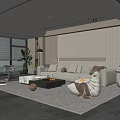 Modern Living Room Interior With Beige Sofa Coffee Table Striped Rug Wall Panels And Plants