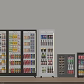 Black Commercial Refrigerators And Freezers Of Various Sizes Stocked With Drinks And Cans