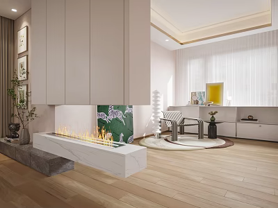 Modern Leisure Area Interior Design With White Fireplace Green Plants Artwork And Wooden Floor 3d model