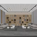 Modern Lounge Area With Beige Sofas Wooden Bookshelves Coffee Tables And Potted Plant