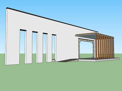 Modern Building Exterior Wall With White Facade Vertical Windows And Wooden Entrance Structure 3d model