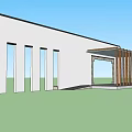 Modern Building Exterior Wall With White Facade Vertical Windows And Wooden Entrance Structure