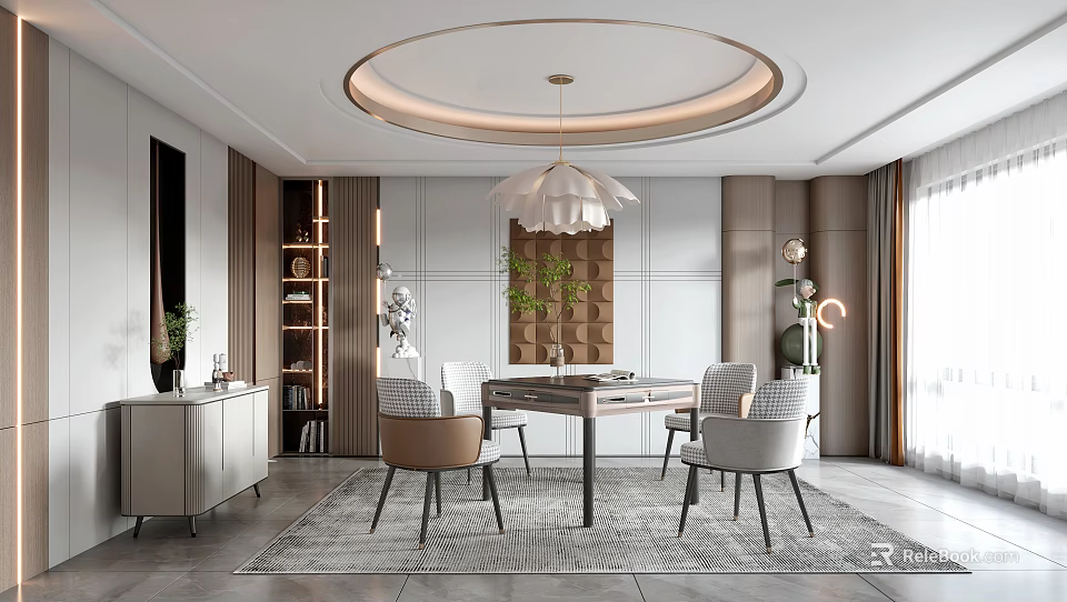 Elegant Hotel Mahjong Room Interior With Round Table Chairs And Pendant Light 3d model 