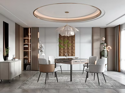 Elegant Hotel Mahjong Room Interior With Round Table Chairs And Pendant Light 3d model