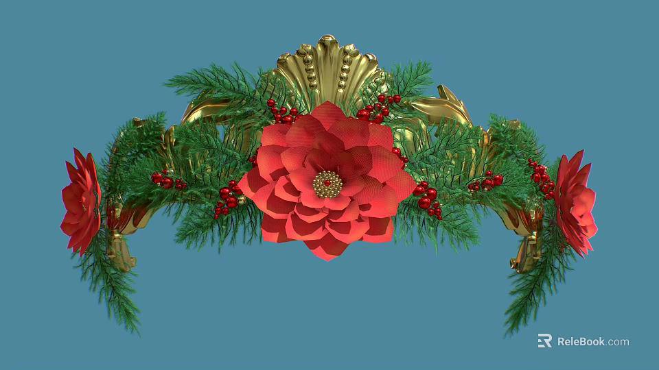 Ornate Festive Headpiece With Golden Decor Green Pine Branches Red Poinsettia Blooms And Berries 3d model 