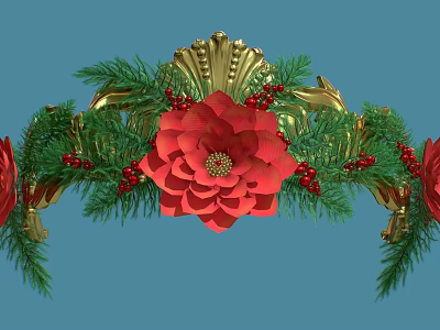 Ornate Festive Headpiece With Golden Decor Green Pine Branches Red Poinsettia Blooms And Berries 3d model