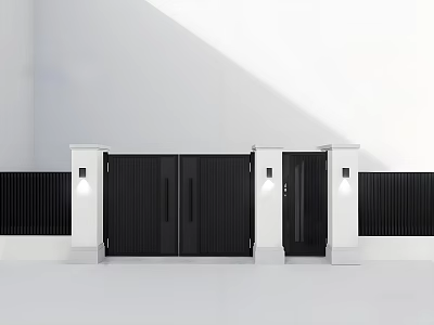 Modern Black Entrance Gate Design With Double Doors And Side Wall Lights 3d model