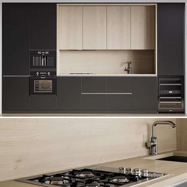 Modern Kitchen With Dark Light Cabinetry Sink And Appliances 3d model 
