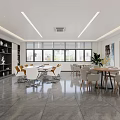 Modern Office Open Space With Large Conference Table Laptop Wooden Wall Green Plant Hanging Lights