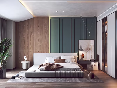Modern Bedroom Interior With Green Accent Wall Wooden Paneling Bed Floor Lamp And Potted Plant 3d model