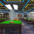 Modern Billiard Room with Billiard Tables Colorful Ceiling Lights Orange Sofas Patterned Carpet and Posters 3d model