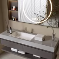 Modern Bathroom Vanity Cabinet With Sink Countertop Round Lighted Mirror Storage Drawers Towels And Plant
