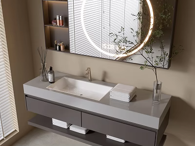 Modern Bathroom Vanity Cabinet With Sink Countertop Round Lighted Mirror Storage Drawers Towels And Plant 3d model