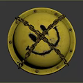 Round Yellow Medieval Shield With Crossed Iron Chains And Black Smiley Face Design