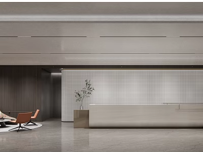 Modern Reception Area With Minimalist Design Potted Plant Armchair White Tiled Wall And Polished Floor 3d model