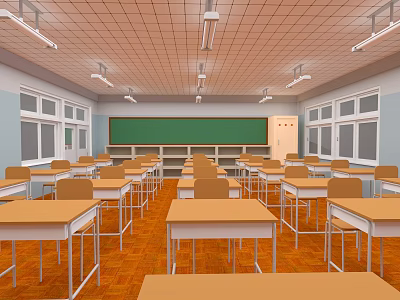 Well Lit School Classroom With Wooden Desks Chairs Green Blackboard Windows And Orange Floor 3d model