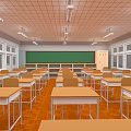 Well Lit School Classroom With Wooden Desks Chairs Green Blackboard Windows And Orange Floor