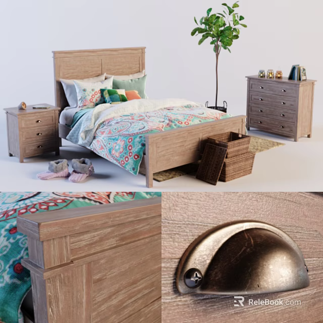 Wooden Kids Bed With Headboard Colorful Bedding Nightstand Dresser And Storage Baskets 3d model 