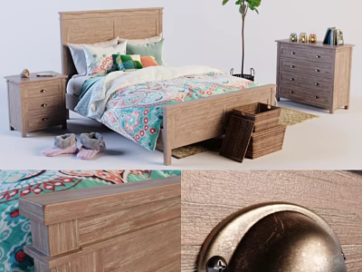 Wooden Kids Bed With Headboard Colorful Bedding Nightstand Dresser And Storage Baskets 3d model