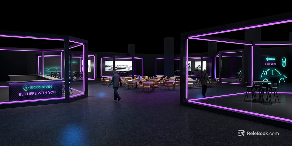 Modern Indoor Space With Purple Neon Frames Large Screens And Tables 3d model 