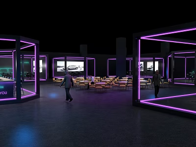 Modern Indoor Space With Purple Neon Frames Large Screens And Tables 3d model