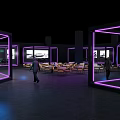 Modern Indoor Space With Purple Neon Frames Large Screens And Tables
