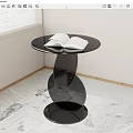 Black Round Side Table with Open Book and Unique Glossy Base on Marble Floor 3d model