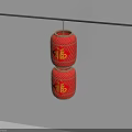 Two Red Lanterns With Yellow Fu Characters Hanging On White Wall 3d model