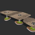 Wooden Pergola Structure With Support Columns And Circular Bases With Green Plants