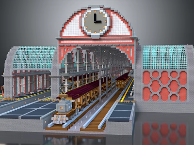 Historic Train Station Architecture With Clock Tower Arched Roof Platforms And Vintage Train 3d model