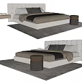 Modern Upholstered Double Bed Design With Plush Pillows Bedding And Side Stool On Rug