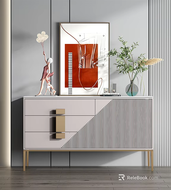 Modern Console Cabinet With Gold Metal Legs Drawers And Decorative Plants Vase Wall Art 3d model 