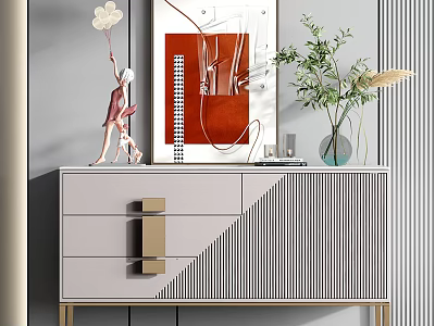 Modern Console Cabinet With Gold Metal Legs Drawers And Decorative Plants Vase Wall Art 3d model