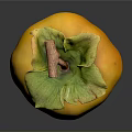 Ripe Yellow Persimmon With Green Leaves And Brown Stem On Dark Background