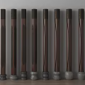 Various Dark Brown Wooden Columns With Different Carved Patterns And Gray Bases 3d model