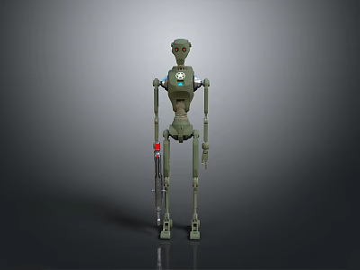Green Mechanical Robot With Blue Chest Device And Red Tool In Gray Background 3d model