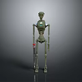 Green Mechanical Robot With Blue Chest Device And Red Tool In Gray Background 3d model