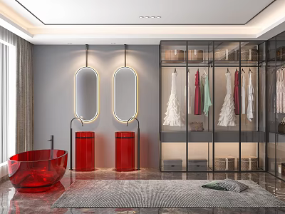 Modern Bathroom Interior Featuring Red Double Washbasins Oval Mirrors Bathtub And Walk in Closet 3d model