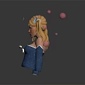 Blonde Girl In Blue Off Shoulder Top With Flowers And Pink Spheres Crescent Moons