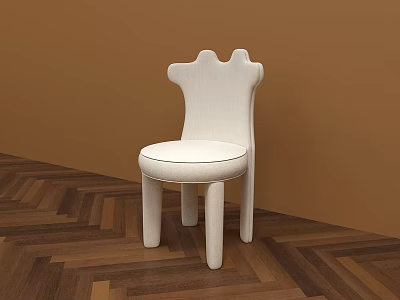 White Upholstered Dining Chair With Unique Backrest Rounded Legs Against Brown Wall Herringbone Wood Floor 3d model