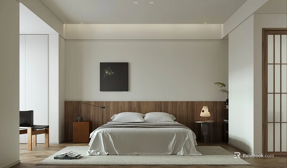 Modern Minimalist Bedroom Interior With Wooden Headboard Wall Art Table Lamp And Soft Rug 3d model 