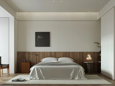 Modern Minimalist Bedroom Interior With Wooden Headboard Wall Art Table Lamp And Soft Rug 3d model