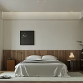 Modern Minimalist Bedroom Interior With Wooden Headboard Wall Art Table Lamp And Soft Rug