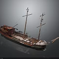 Vintage Red Sailing Ship with Rusted Masts and Weathered Wooden Deck