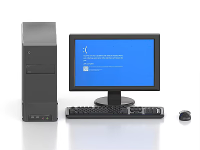 Modern Desktop Computer Setup With Tower Monitor Keyboard Mouse And Blue Screen 3d model